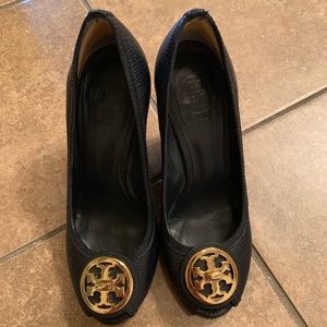 Tory Burch Letecia Peep Toe Wedges- Navy